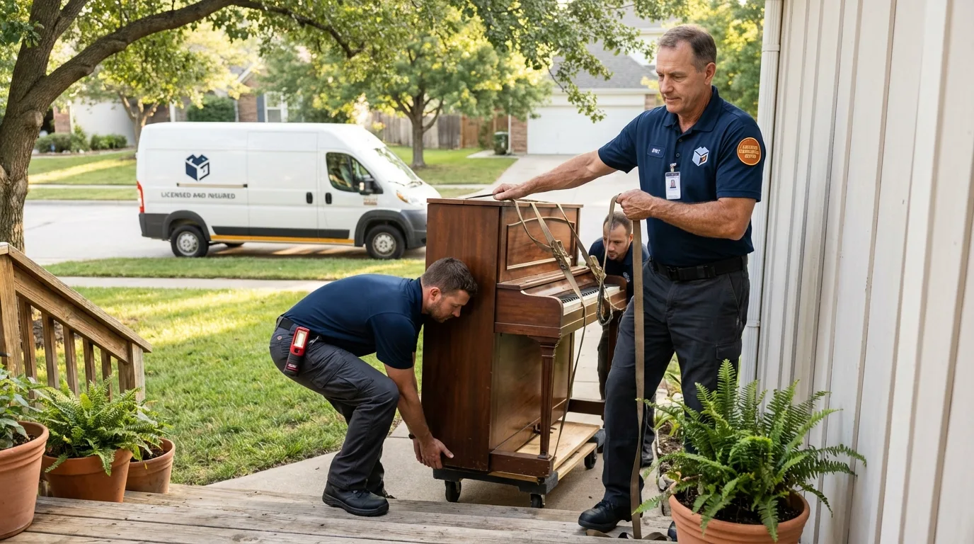 Licensed piano movers securing grand piano in Asotin, WA